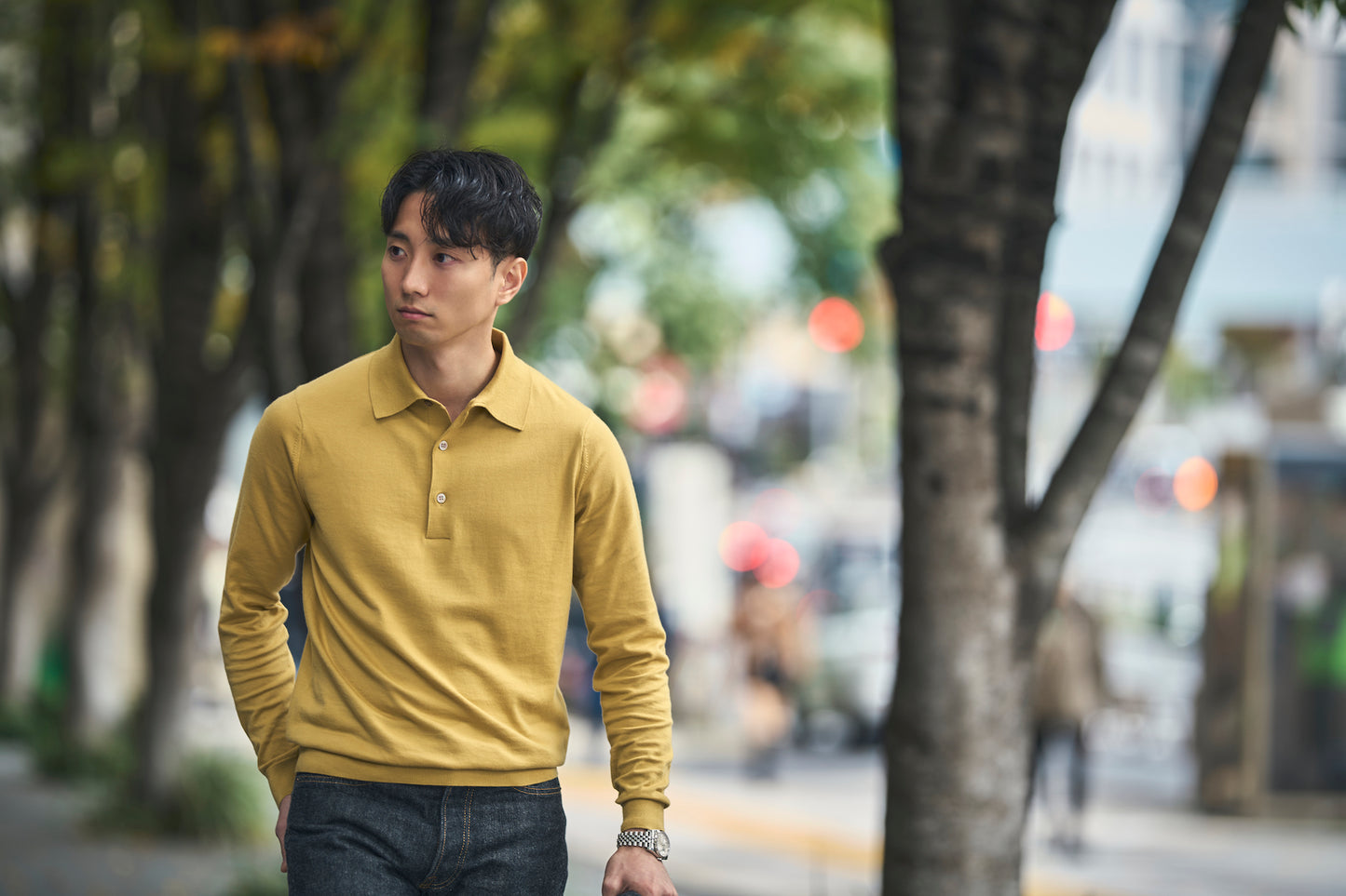 SUVIN長袖ニットポロ キラーストリートエディション-Mustard Yellow-